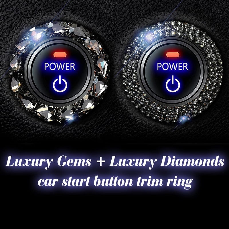 Murimt 2 Pack Crystal Rhinestone Bling Car Push Start Button Accessories,Girly Car Accessories for Women，Push to Start Button Cover/Sticker, Key Ignition & Knob Ring (Black) - Image 1